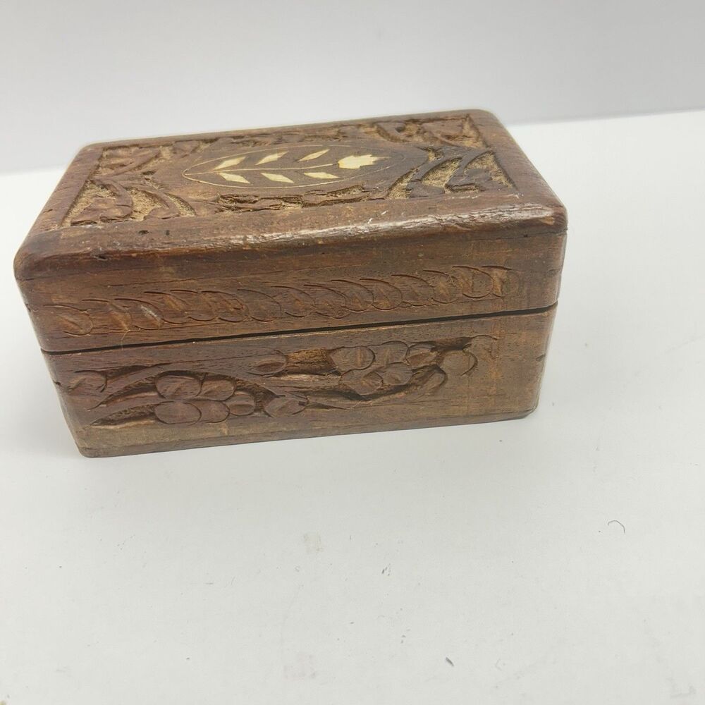 Vintage Hand Carved Indian Rosewood Trinket Box Floral Inlay Blue Velvet